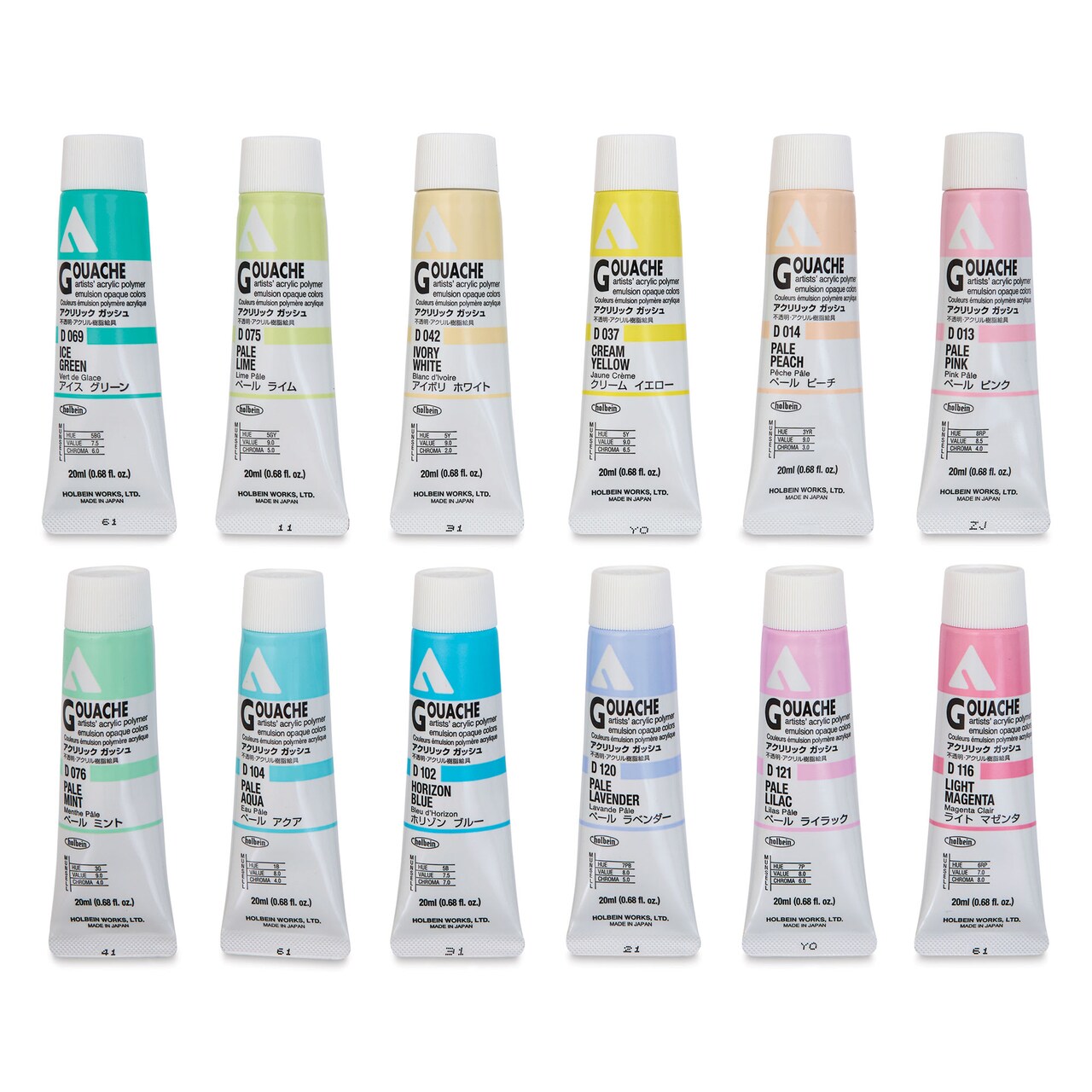 Holbein Acrylic Gouache - Set of 12, Pastel Colors, 20 ml Tubes